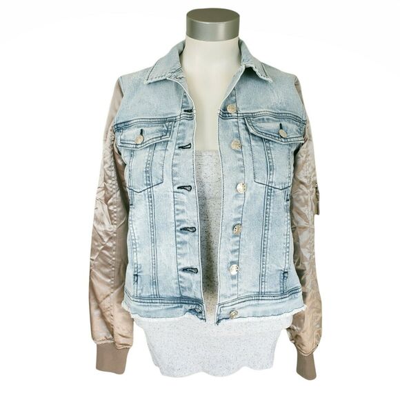 GENERATION LOVE Georgie satin sleeve distressed denim jeans jacket Size XS NEW - Picture 1 of 7